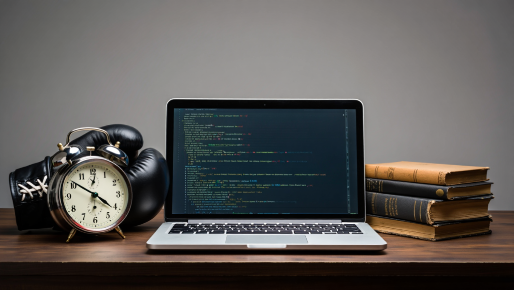 BONUS: La Routine Chirurgica Che Accomuna Campioni E Miliardari Disciplina e costanza negli allenamenti: laptop con codice, guantoni da boxe, sveglia e libri rappresentano routine mentale atleta