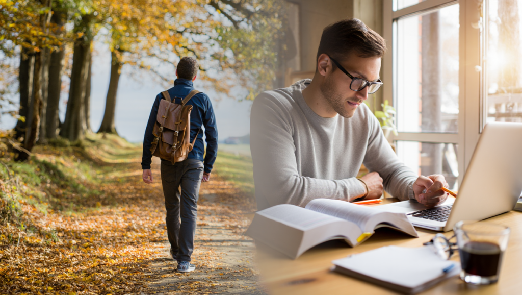 Studente alterna studio e passeggiate nel verde per performance sostenibile e memoria