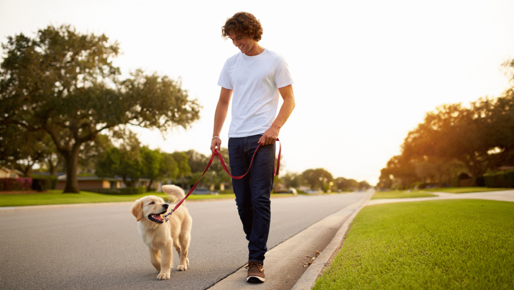 Giovane cammina con cane al tramonto - resilienza emotiva e riprendere il ritmo quotidiano