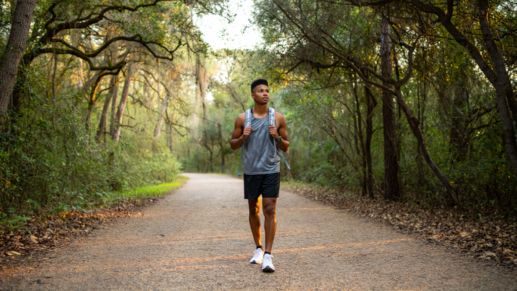 Giovane cammina in bosco per benefici della natura su cervello e attenzione