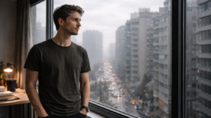 Uomo disciplinato guarda città caotica dalla finestra riflessione contesto urbano stress