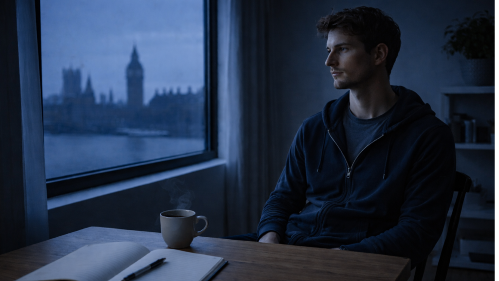 Persona concentrata desk Londra alba routine mattutina disciplina personale ambiente favorevole