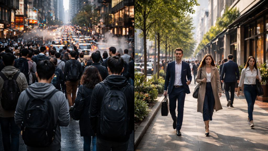 Confronto stress urbano vs ambiente ordinato disciplina contesto città caotica organizzata