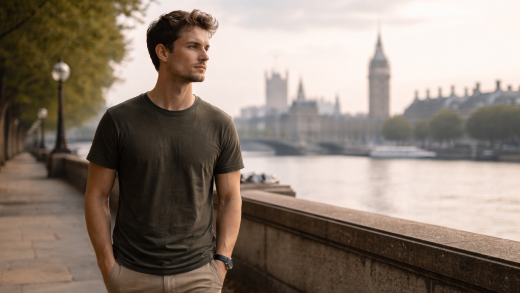 Uomo contemplativo lungo Tamigi Londra allineamento valori contesto favorevole crescita personale