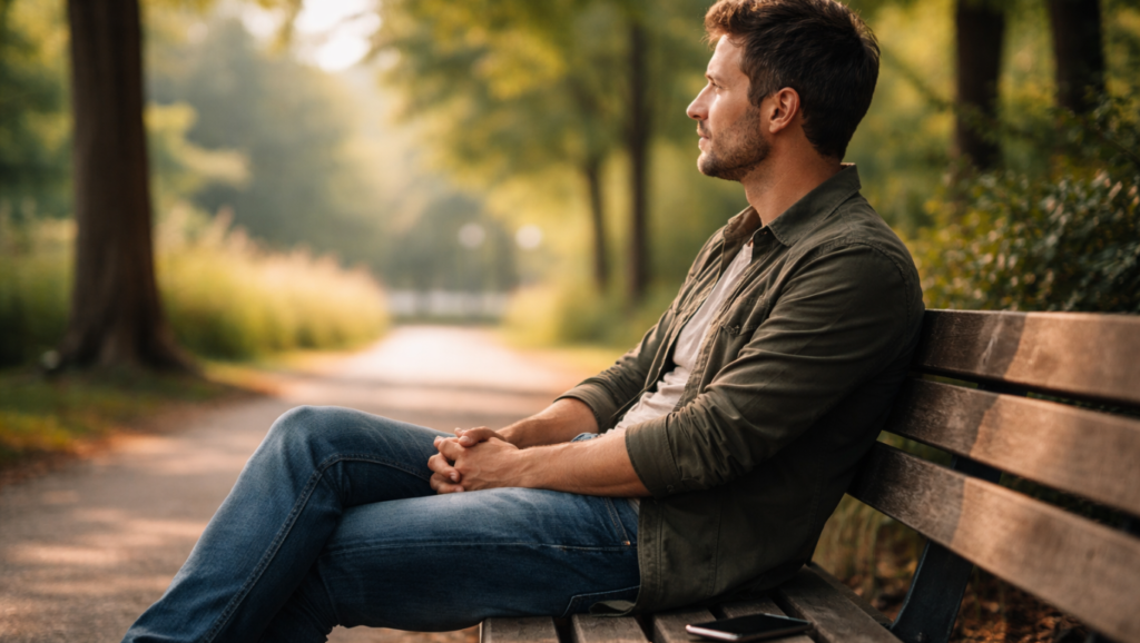I Benefici Reali del Donare (Scientifici, Non Spirituali) Giovane uomo sereno su panchina con diario riflette su benessere mentale e chiarezza dopo donazione mensile