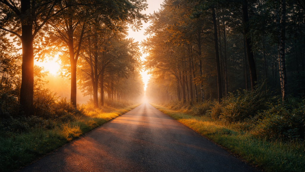Strada illuminata simbolo percorso crescita personale riduzione stress attraverso altruismo costante